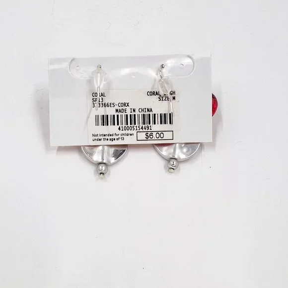 NWT - Charming Charlie - Coral Glass Beaded Disk Dangle Silver Tone Earrings - Picture 6 of 7